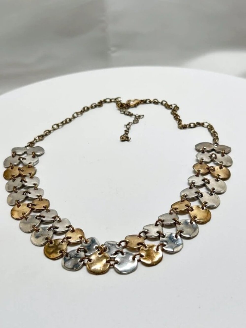 Mixed Metal, Silver, Gold Small Hammered Disc Short Necklace 🟡